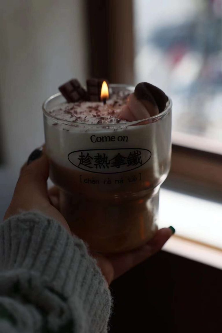 Realistic coffee latte and cocktail beverage soy candles in glass cups manufactured by Custom Candle Craft