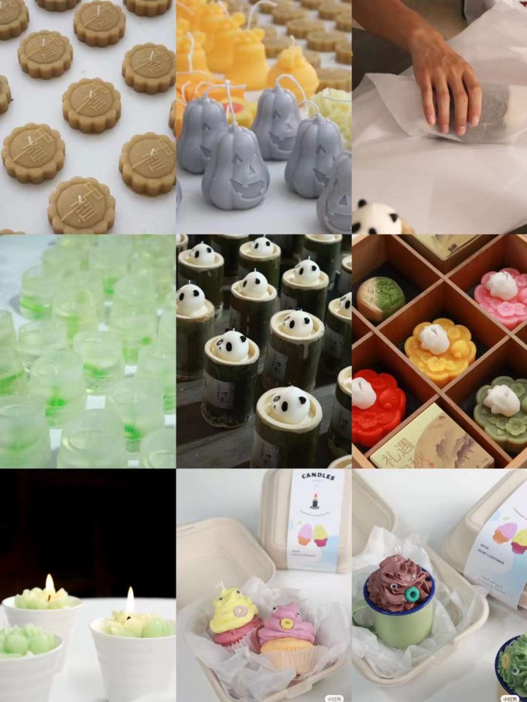 Custom bento box cake candles and cartoon shaped soy candles crafted with custom silicone molds