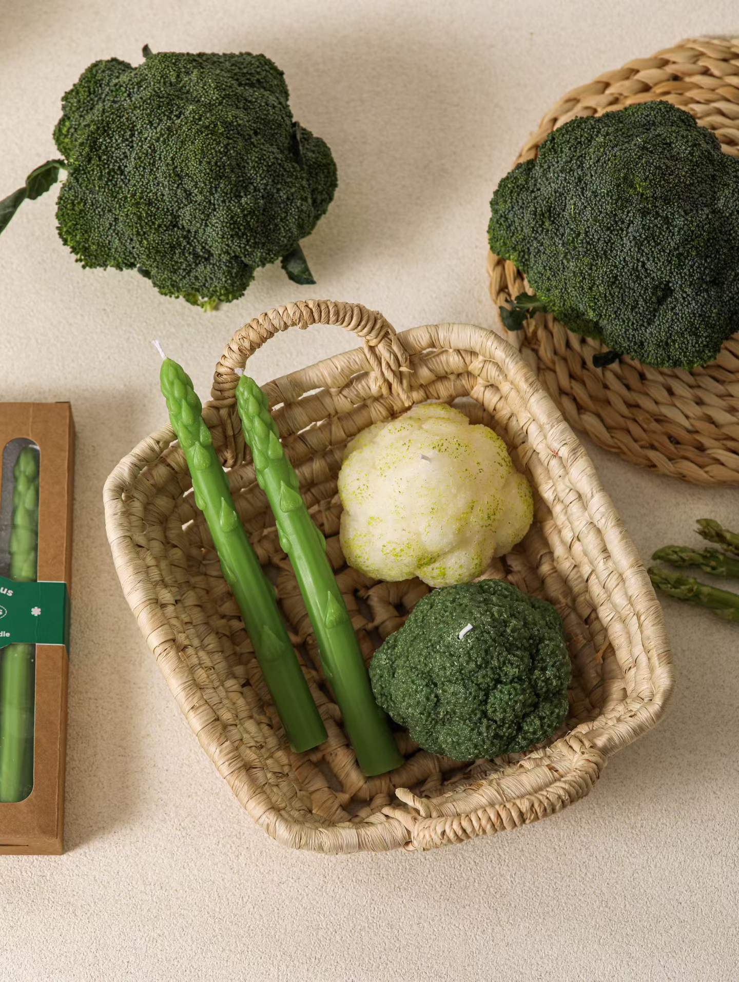 Realistic green broccoli and asparagus vegetable soy candles for niche eco-friendly gifts