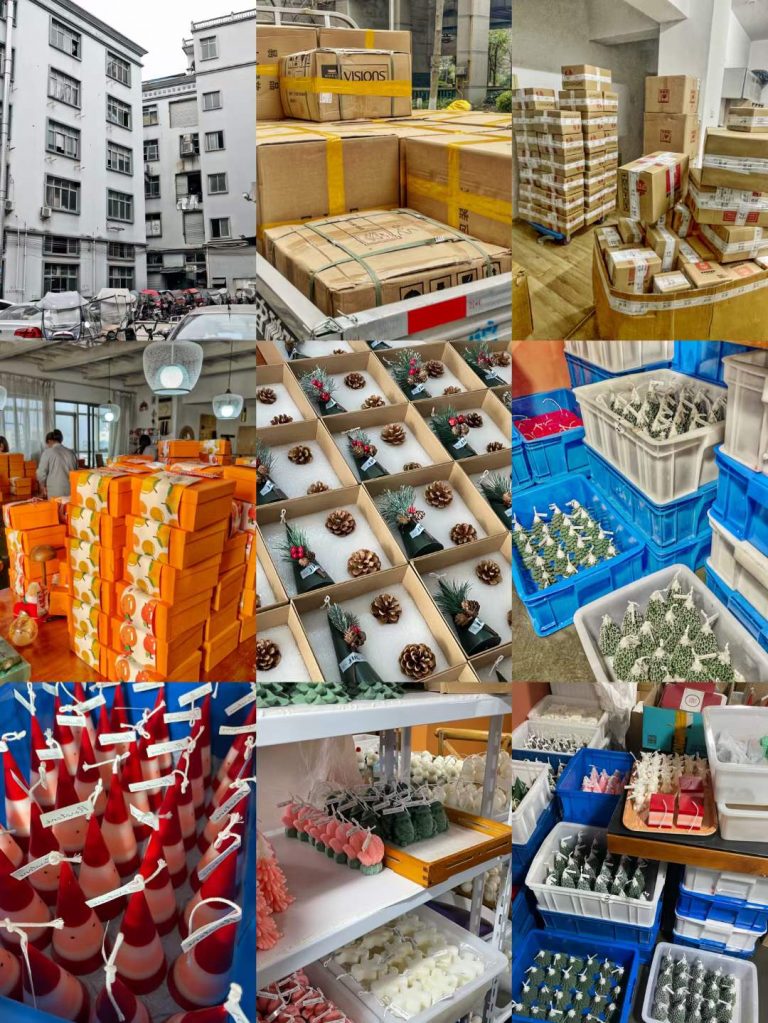 BSCI audited candle manufacturing workshop, organized warehouse, and custom shipping box packaging facilities at Custom Candle Craft