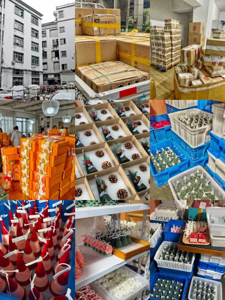 BSCI audited candle manufacturing workshop, organized warehouse, and custom shipping box packaging facilities at Custom Candle Craft