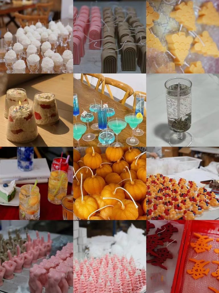 Bulk showcase of custom fruit, cheesecake slice, and cocktail drink soy candles manufactured for global wholesale importers