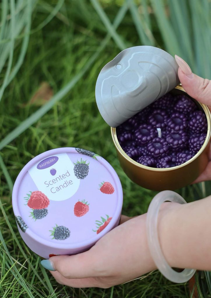 Canned grape fruit scented soy candle with pop-tab tin lid manufactured by Custom Candle Craft OEM factory
