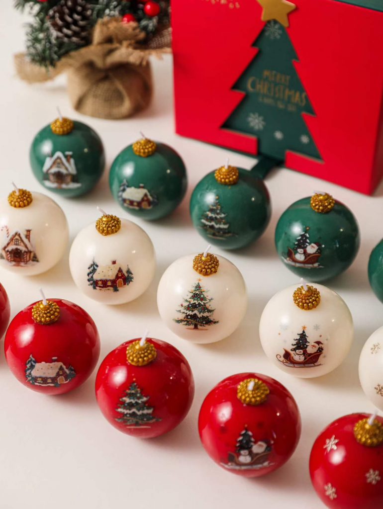 Round Christmas bauble ornament soy candles in red, green, and white with custom holiday box