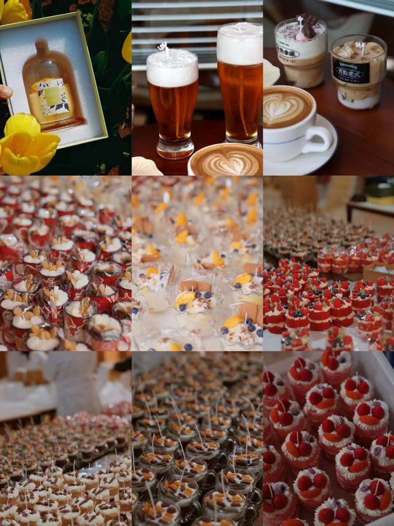 Realistic coffee latte, beer, and cocktail beverage soy candles in glass cups manufactured by Custom Candle Craft