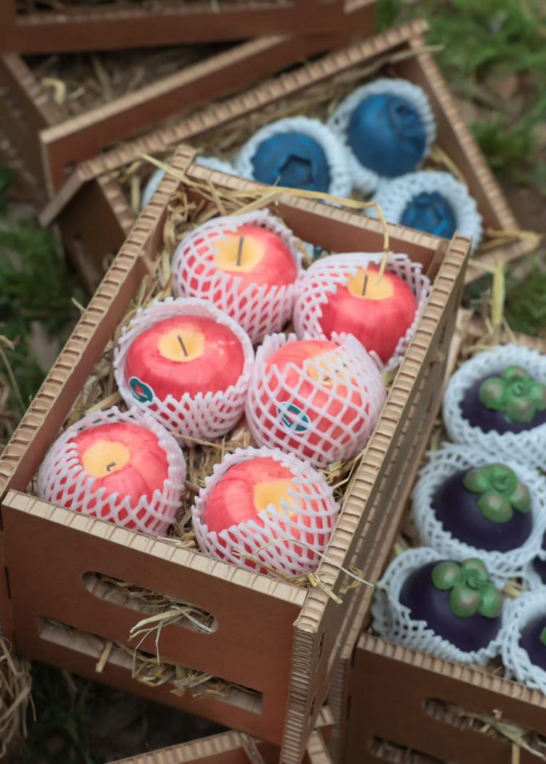 Custom fruit crate and succulent soy candles in wooden box manufactured by Custom Candle Craft OEM factory