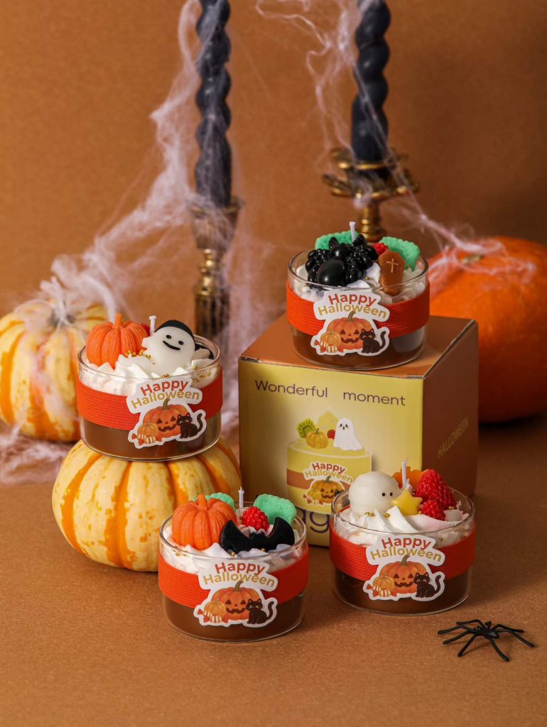 Custom Halloween dessert soy candles in glass jars with custom gift box manufactured by Custom Candle Craft OEM factory