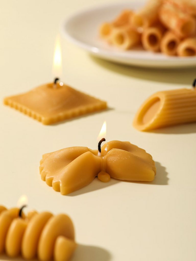Custom realistic Italian pasta soy candles in custom windowed gift box packaging by Custom Candle Craft OEM factory
