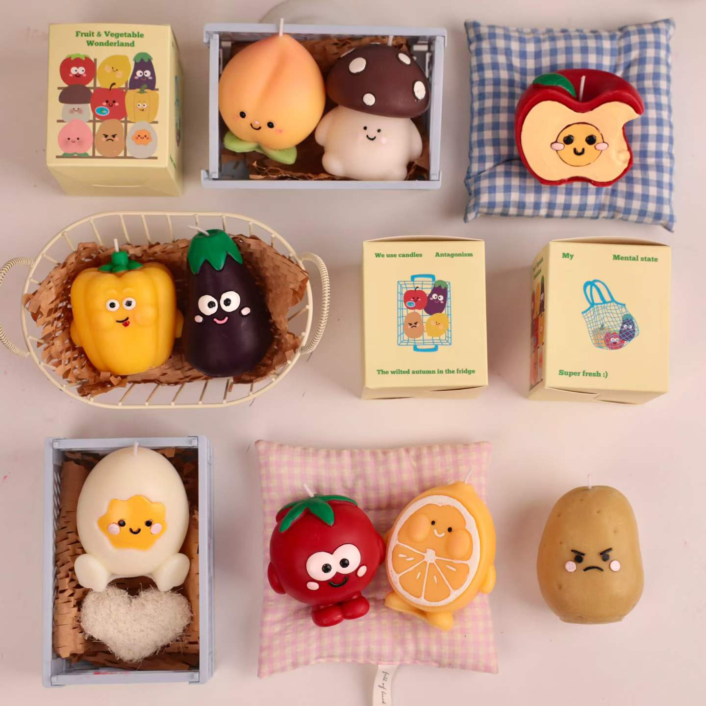 Fun novelty apple, eggplant, potato, and kiwi fruit soy candle gift set packaging