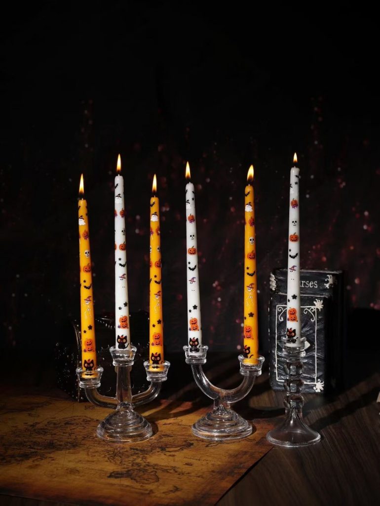 Hand-painted Halloween pattern taper candles on glass candelabras for wholesale OEM