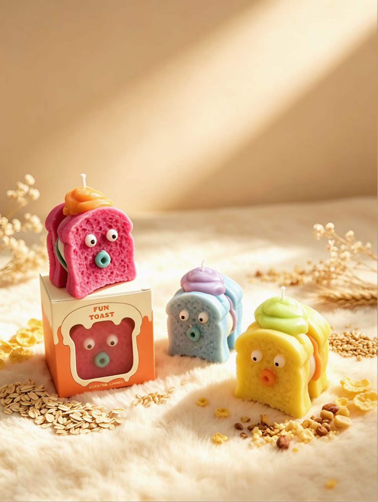Colorful private label novelty toast soy candles with bespoke branded window retail packaging box for boutique gift store sourcing.