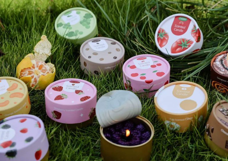 Wholesale canned fruit soy candles in printed tinplate cans for private label brand OEM