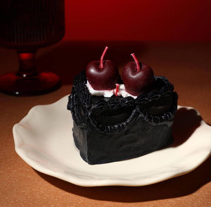 Wholesale black gothic heart cake candle with vintage Lambeth piped ruffles and realistic 3D wax cherries by Custom Candle Craft