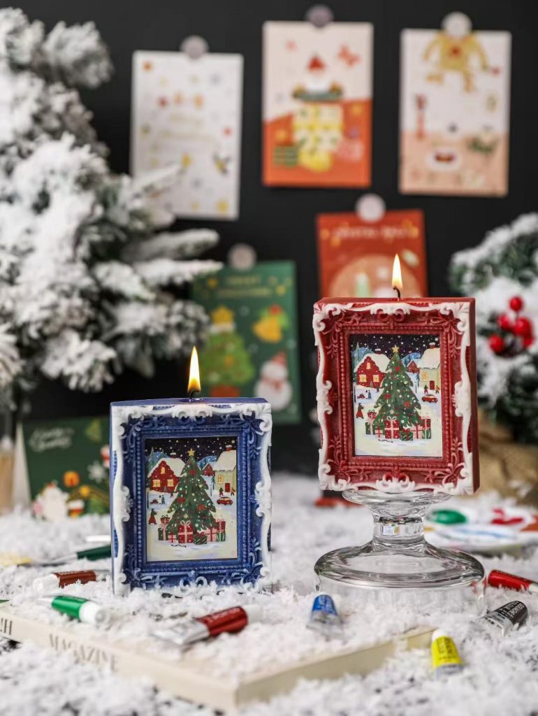 Intricate vintage Christmas oil painting picture frame relief standing soy candles for luxury holiday gifting.
