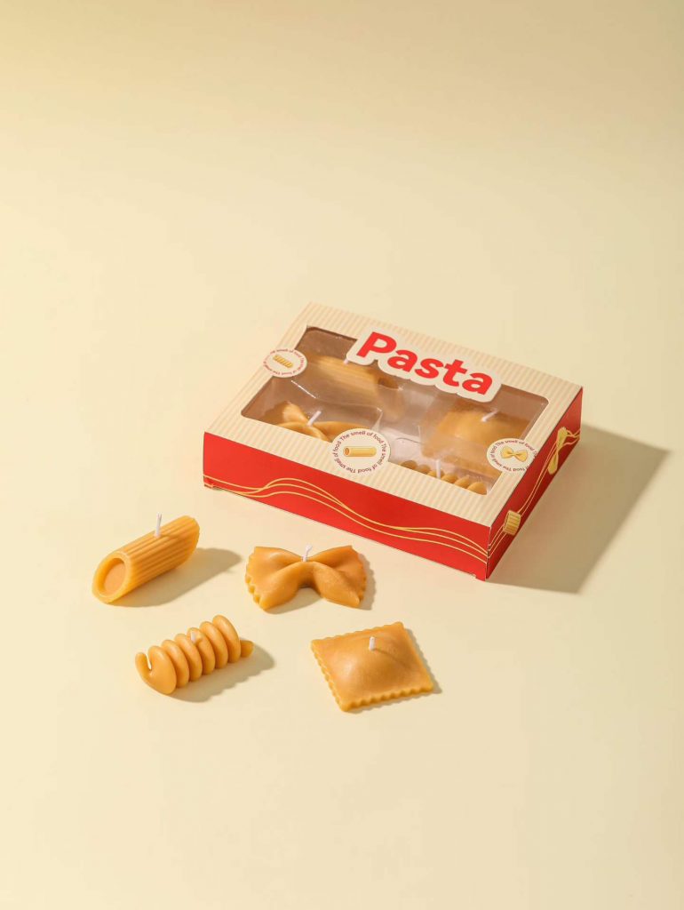 Custom realistic Italian pasta soy candles in custom windowed gift box packaging by Custom Candle Craft OEM factory