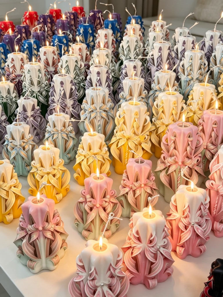 Wholesale artisanal hand carved baroque pillar candles with multi-layer colored wax ribbons manufactured by Custom Candle Craft